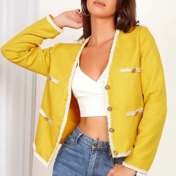 . Jackets & Blazers - Tweed Raw Trim hem Button Front Jacket work office chic Yellow